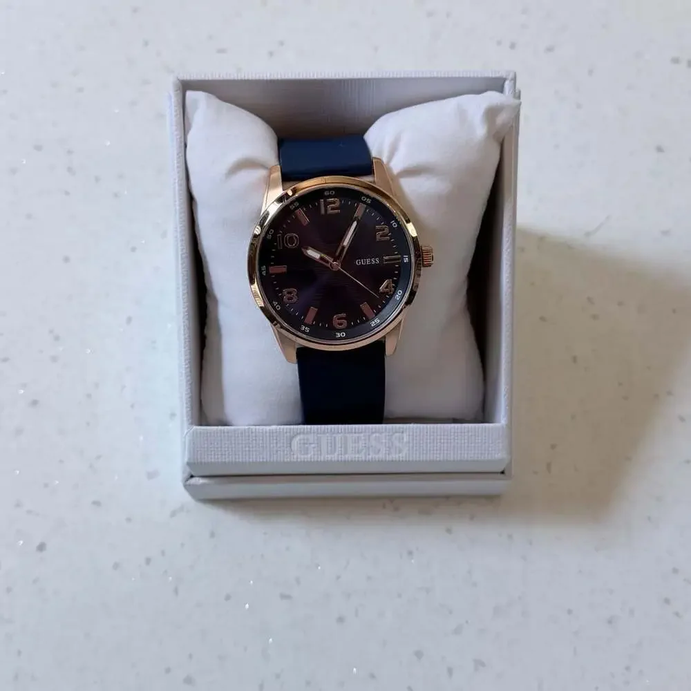 Guess Monte Analog Watch for Men w Blue Silicone Strap and Rose Gold Tone Case